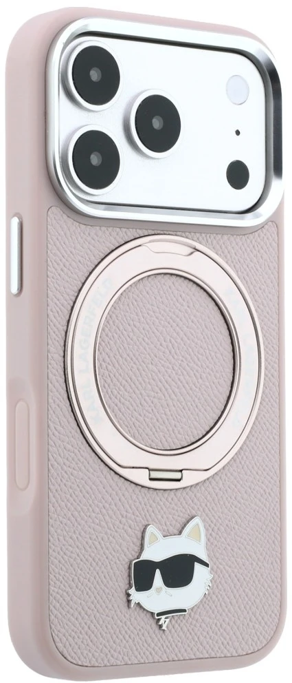 Dėklas Karl Lagerfeld with Ring Stand 360 Choupette Head Pin MagSafe do iPhone 18 Pro / 17 Pro rožinė