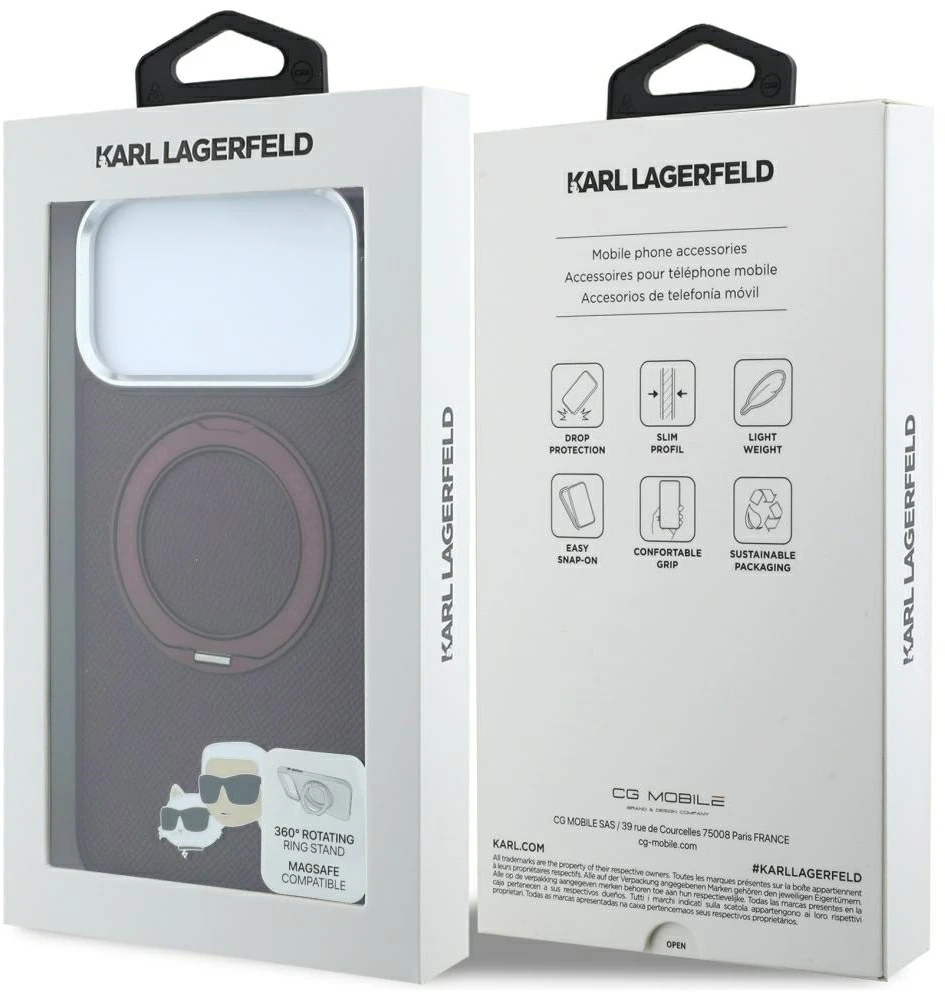 Dėklas Karl Lagerfeld with Ring Stand 360 Karl & Choupette Heads Pin MagSafe do iPhone 18 Pro / 17 Pro bordo spalvos