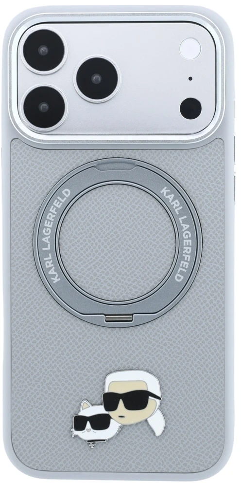 Dėklas Karl Lagerfeld with Ring Stand 360 Karl & Choupette Heads Pin MagSafe Case for iPhone 18 Pro / 17 Pro - Gray