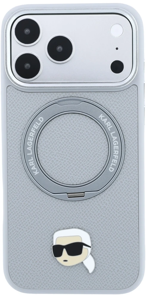 Dėklas Cg Mobile Sas Karl Lagerfeld with Ring Stand 360 Karl Head Pin MagSafe case for Iphone 18 Pro / 17 Pro pilka