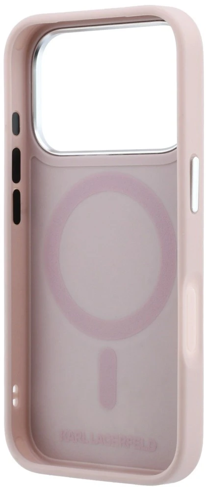 Dėklas Karl Lagerfeld with Ring Stand 360 Choupette Head Pin MagSafe do iPhone 18 Pro / 17 Pro rožinė