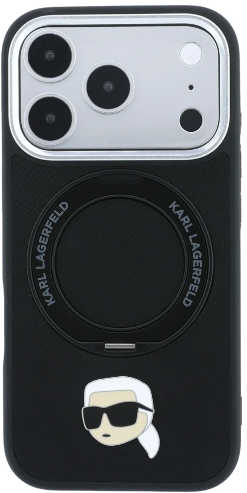 Dėklas Karl Lagerfeld with Ring Stand 360 Karl Head Pin MagSafe Case for iPhone 18 Pro Max / 17 Pro Max - Juodas