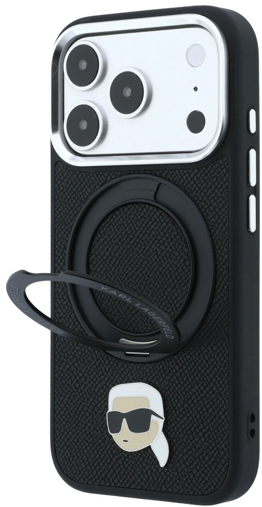 Dėklas Karl Lagerfeld with Ring Stand 360 Karl Head Pin MagSafe Case for iPhone 18 Pro Max / 17 Pro Max - Juodas