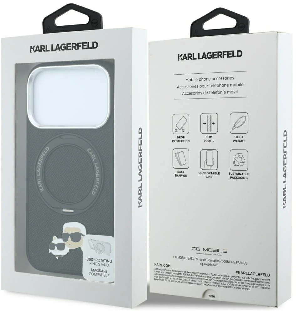 Dėklas Karl Lagerfeld with Ring Stand 360 Karl & Choupette Heads Pin MagSafe do iPhone 18 Pro / 17 Pro juoda