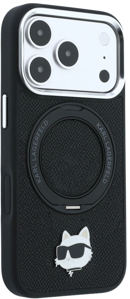 Dėklas Karl Lagerfeld with Ring Stand 360 Choupette Head Pin MagSafe Case for iPhone 18 Pro Max / 17 Pro Max - Juodas