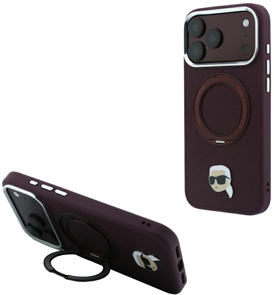 Dėklas Karl Lagerfeld with Ring Stand 360 Karl Head Pin MagSafe do iPhone 18 Pro Max / 17 Pro Max bordo spalvos