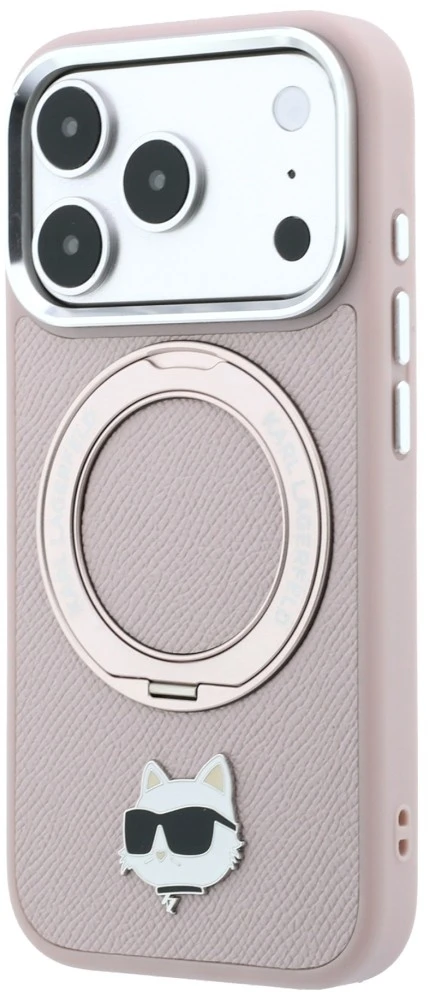 Dėklas Karl Lagerfeld with Ring Stand 360 Choupette Head Pin MagSafe do iPhone 18 Pro Max / 17 Pro Max rožinė
