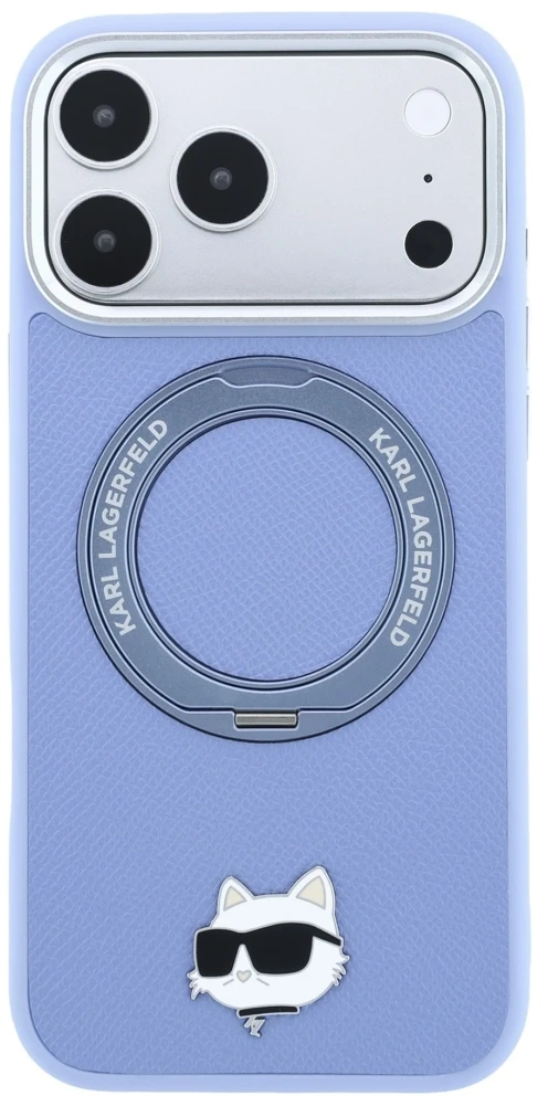 Dėklas Cg Mobile Sas Karl Lagerfeld with Ring Stand 360 Choupette Head Pin MagSafe case for Iphone 18 Pro / 17 Pro mėlynas