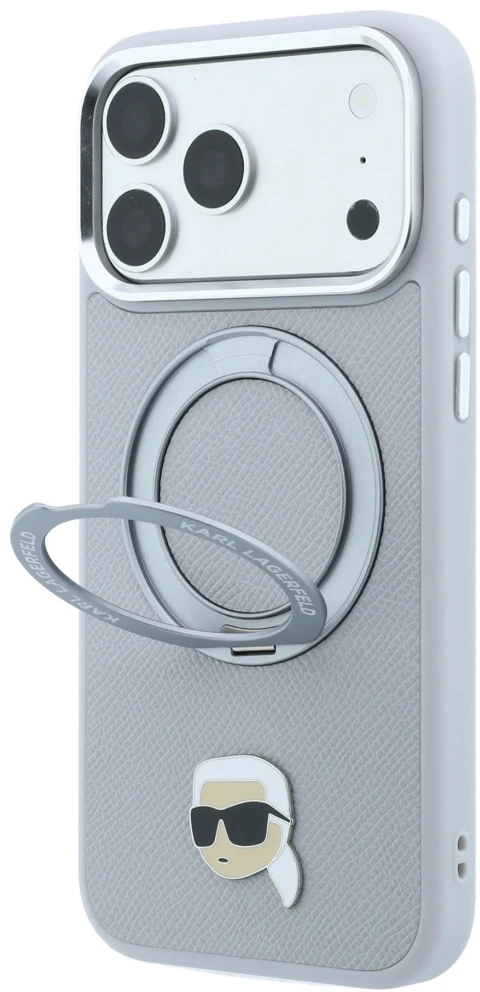 Dėklas Cg Mobile Sas Karl Lagerfeld with Ring Stand 360 Karl Head Pin MagSafe case for Iphone 18 Pro / 17 Pro pilka