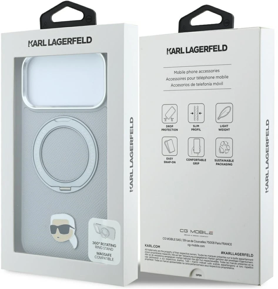 Dėklas Cg Mobile Sas Karl Lagerfeld with Ring Stand 360 Karl Head Pin MagSafe case for Iphone 18 Pro / 17 Pro pilka