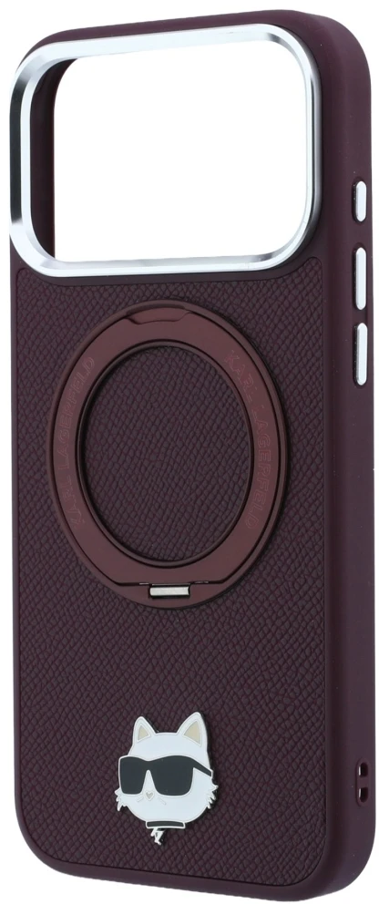 Dėklas Karl Lagerfeld with Ring Stand 360 Choupette Head Pin MagSafe do iPhone 18 Pro / 17 Pro bordo spalvos