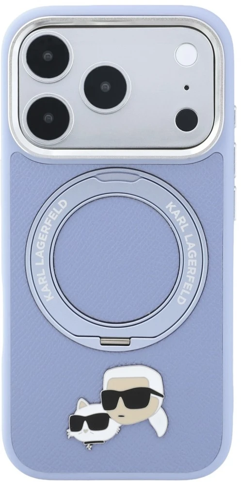 Dėklas Karl Lagerfeld with Ring Stand 360 Karl & Choupette Heads Pin MagSafe do iPhone 18 Pro Max / 17 Pro Max Šviesiai mėlynas