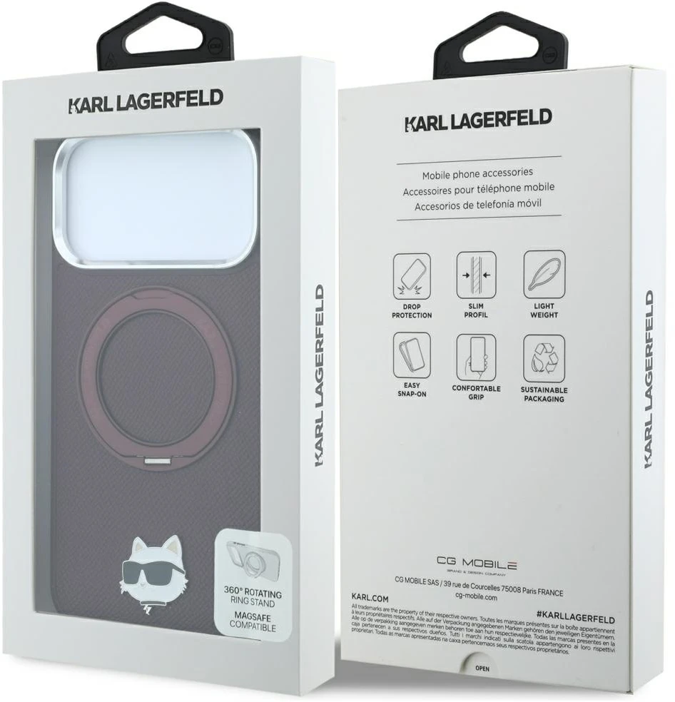 Dėklas Karl Lagerfeld with Ring Stand 360 Choupette Head Pin MagSafe do iPhone 18 Pro / 17 Pro bordo spalvos
