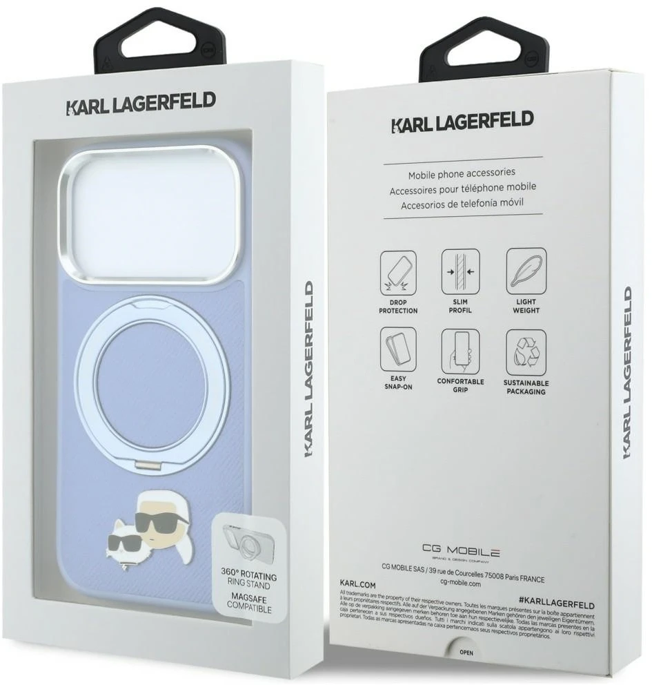 Dėklas Karl Lagerfeld with Ring Stand 360 Karl & Choupette Heads Pin MagSafe do iPhone 18 Pro Max / 17 Pro Max Šviesiai mėlynas