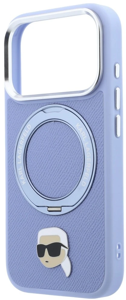 Dėklas Karl Lagerfeld su žiediniu stovu 360 Karl Head Pin MagSafe, skirtas iPhone 18 Pro / 17 Pro, šviesiai mėlynas
