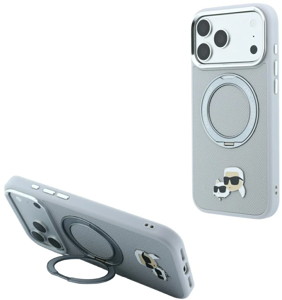 Dėklas Karl Lagerfeld with Ring Stand 360 Karl & Choupette Heads Pin MagSafe Case for iPhone 18 Pro / 17 Pro - Gray