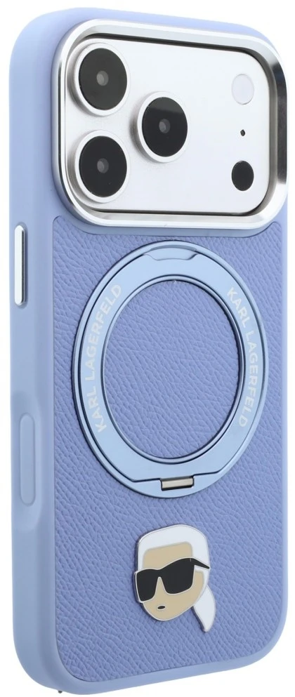 Dėklas Karl Lagerfeld su žiediniu stovu 360 Karl Head Pin MagSafe, skirtas iPhone 18 Pro / 17 Pro, šviesiai mėlynas