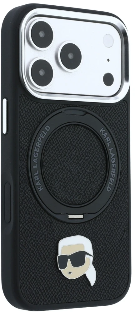 Dėklas Karl Lagerfeld with Ring Stand 360 Karl Head Pin MagSafe Case for iPhone 18 Pro Max / 17 Pro Max - Juodas