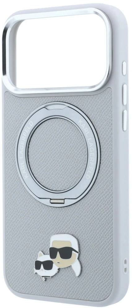 Dėklas Karl Lagerfeld with Ring Stand 360 Karl & Choupette Heads Pin MagSafe Case for iPhone 18 Pro / 17 Pro - Gray
