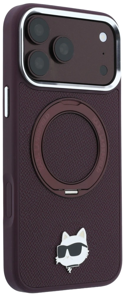 Dėklas Karl Lagerfeld with Ring Stand 360 Choupette Head Pin MagSafe do iPhone 18 Pro / 17 Pro bordo spalvos