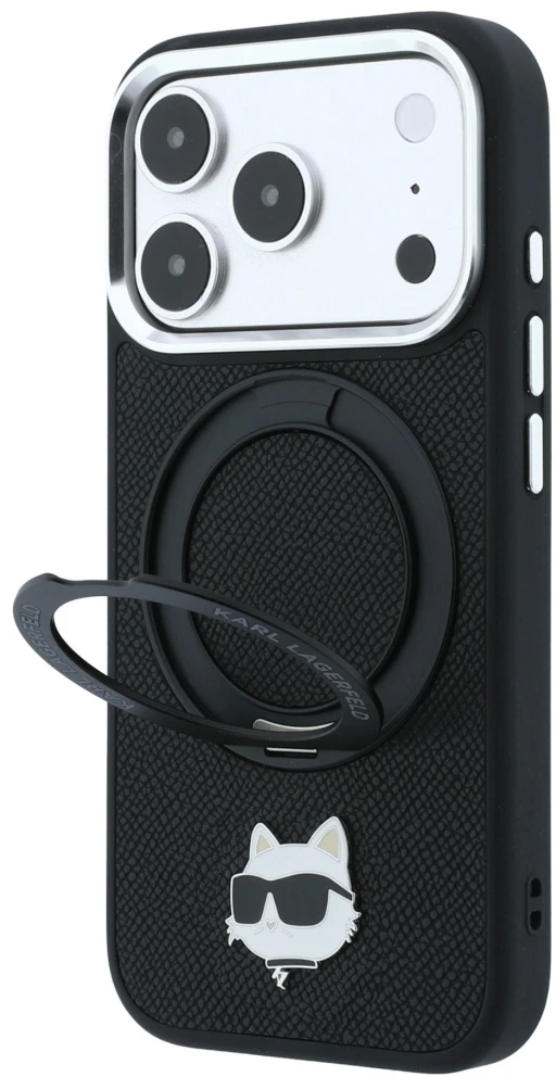 Dėklas Karl Lagerfeld with Ring Stand 360 Choupette Head Pin MagSafe Case for iPhone 18 Pro Max / 17 Pro Max - Juodas