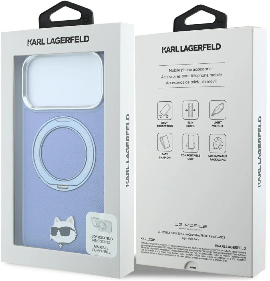 Dėklas Cg Mobile Sas Karl Lagerfeld with Ring Stand 360 Choupette Head Pin MagSafe case for Iphone 18 Pro / 17 Pro mėlynas