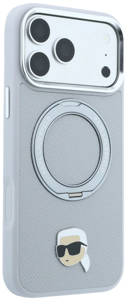 Dėklas Cg Mobile Sas Karl Lagerfeld with Ring Stand 360 Karl Head Pin MagSafe case for Iphone 18 Pro / 17 Pro pilka