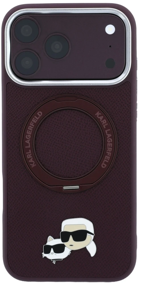Dėklas Karl Lagerfeld with Ring Stand 360 Karl & Choupette Heads Pin MagSafe do iPhone 18 Pro / 17 Pro bordo spalvos