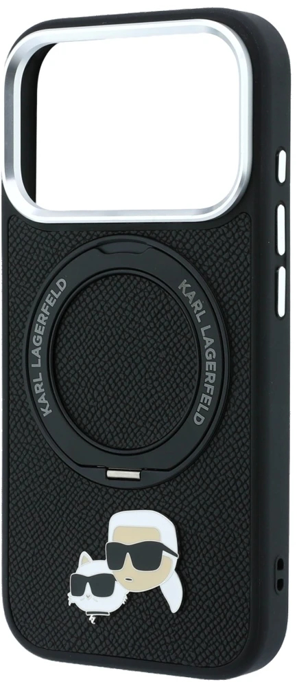 Dėklas Karl Lagerfeld with Ring Stand 360 Karl & Choupette Heads Pin MagSafe do iPhone 18 Pro / 17 Pro juoda