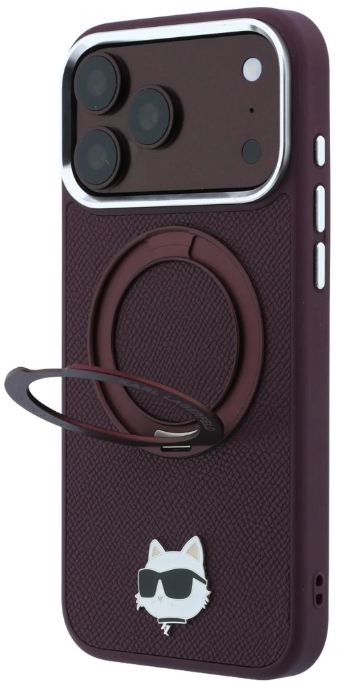 Dėklas Karl Lagerfeld with Ring Stand 360 Choupette Head Pin MagSafe do iPhone 18 Pro / 17 Pro bordo spalvos