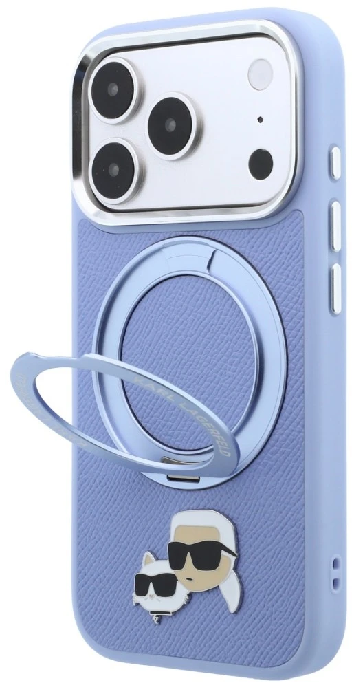 Dėklas Karl Lagerfeld with Ring Stand 360 Karl & Choupette Heads Pin MagSafe do iPhone 18 Pro Max / 17 Pro Max Šviesiai mėlynas
