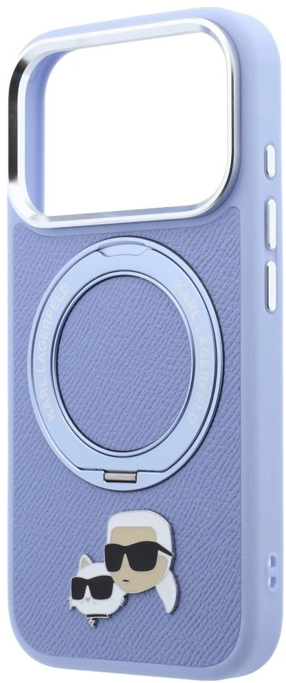 Dėklas Karl Lagerfeld with Ring Stand 360 Karl & Choupette Heads Pin MagSafe do iPhone 18 Pro Max / 17 Pro Max Šviesiai mėlynas