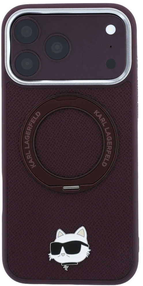 Dėklas Karl Lagerfeld with Ring Stand 360 Choupette Head Pin MagSafe do iPhone 18 Pro / 17 Pro bordo spalvos