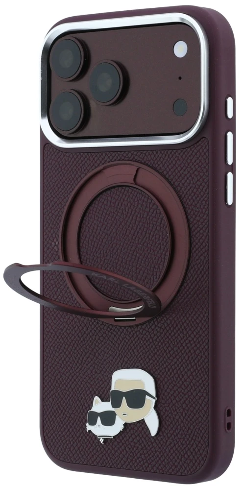 Dėklas Karl Lagerfeld with Ring Stand 360 Karl & Choupette Heads Pin MagSafe do iPhone 18 Pro / 17 Pro bordo spalvos