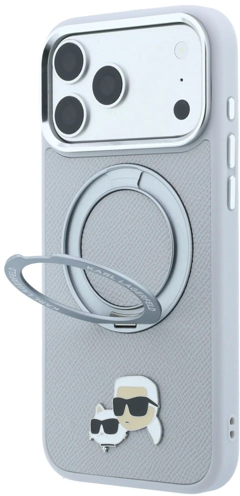 Dėklas Karl Lagerfeld with Ring Stand 360 Karl & Choupette Heads Pin MagSafe Case for iPhone 18 Pro / 17 Pro - Gray