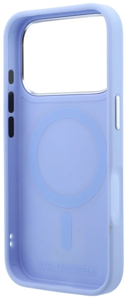 Dėklas Karl Lagerfeld su žiediniu stovu 360 Karl Head Pin MagSafe, skirtas iPhone 18 Pro / 17 Pro, šviesiai mėlynas