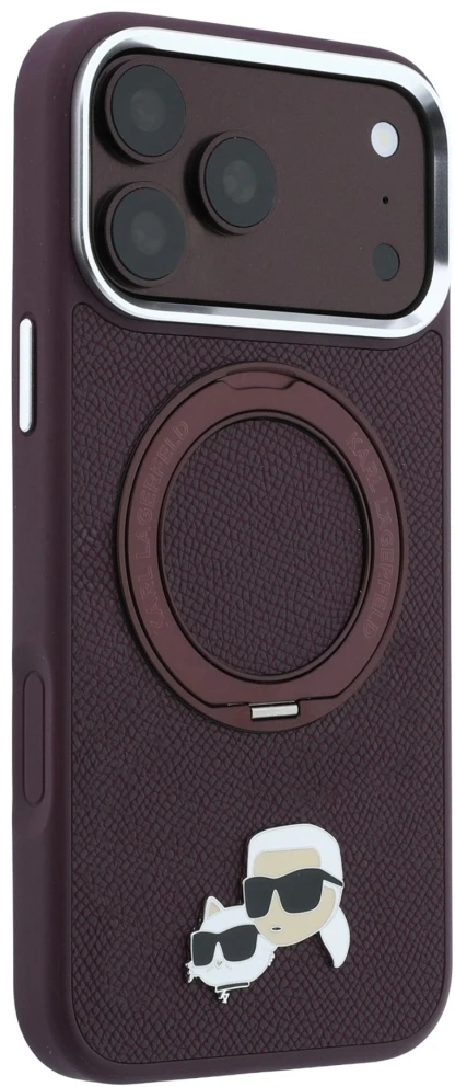 Dėklas Karl Lagerfeld with Ring Stand 360 Karl & Choupette Heads Pin MagSafe do iPhone 18 Pro / 17 Pro bordo spalvos