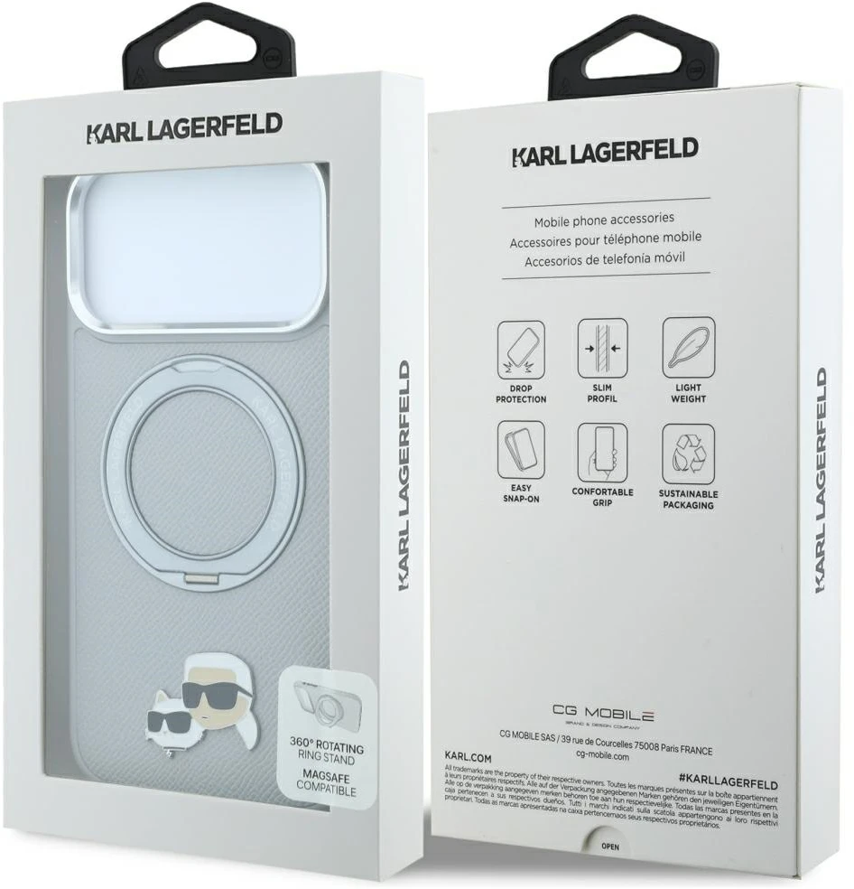 Dėklas Karl Lagerfeld with Ring Stand 360 Karl & Choupette Heads Pin MagSafe Case for iPhone 18 Pro / 17 Pro - Gray