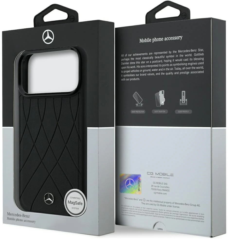 Dėklas Mercedes Leather Crossed Lines MagSafe skirtas iPhone 18 Pro Max/ 17 Pro Max juodas