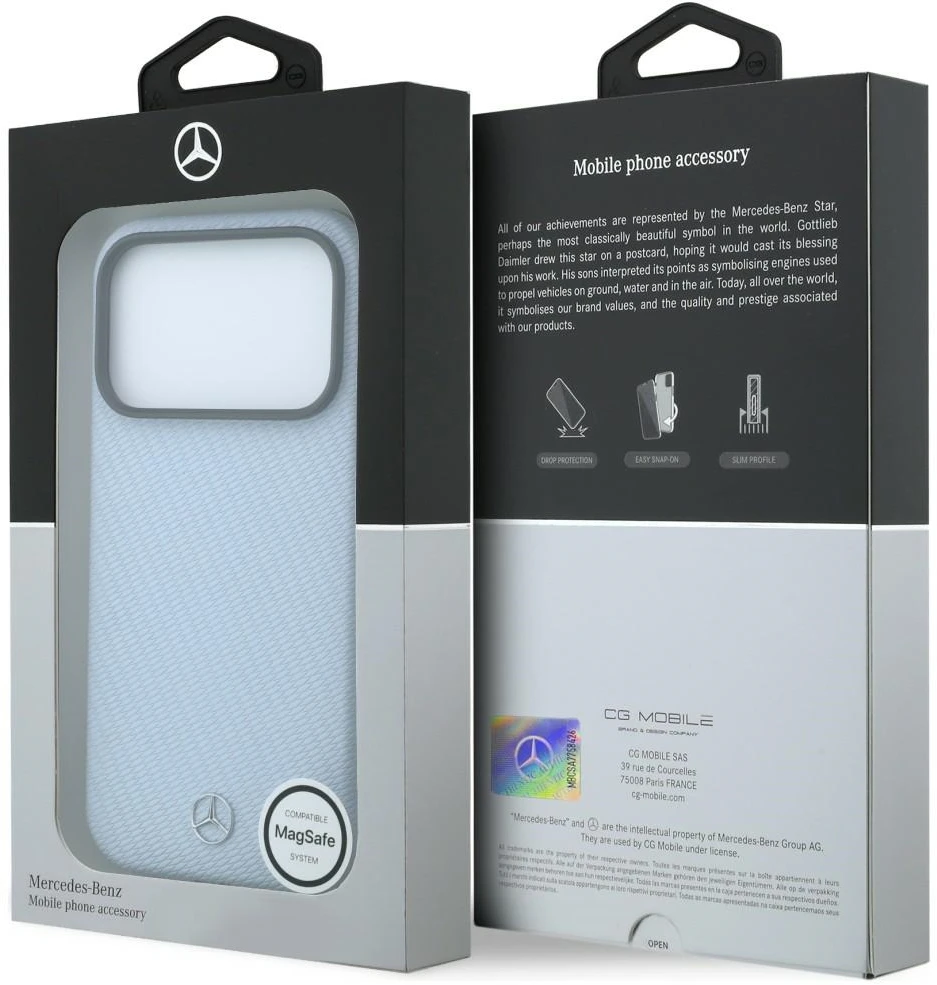 Dėklas Mercedes Leather Semi Wrap Wood Effect MagSafe skirtas iPhone 18 Pro Max / 17 Pro Max mėlynas