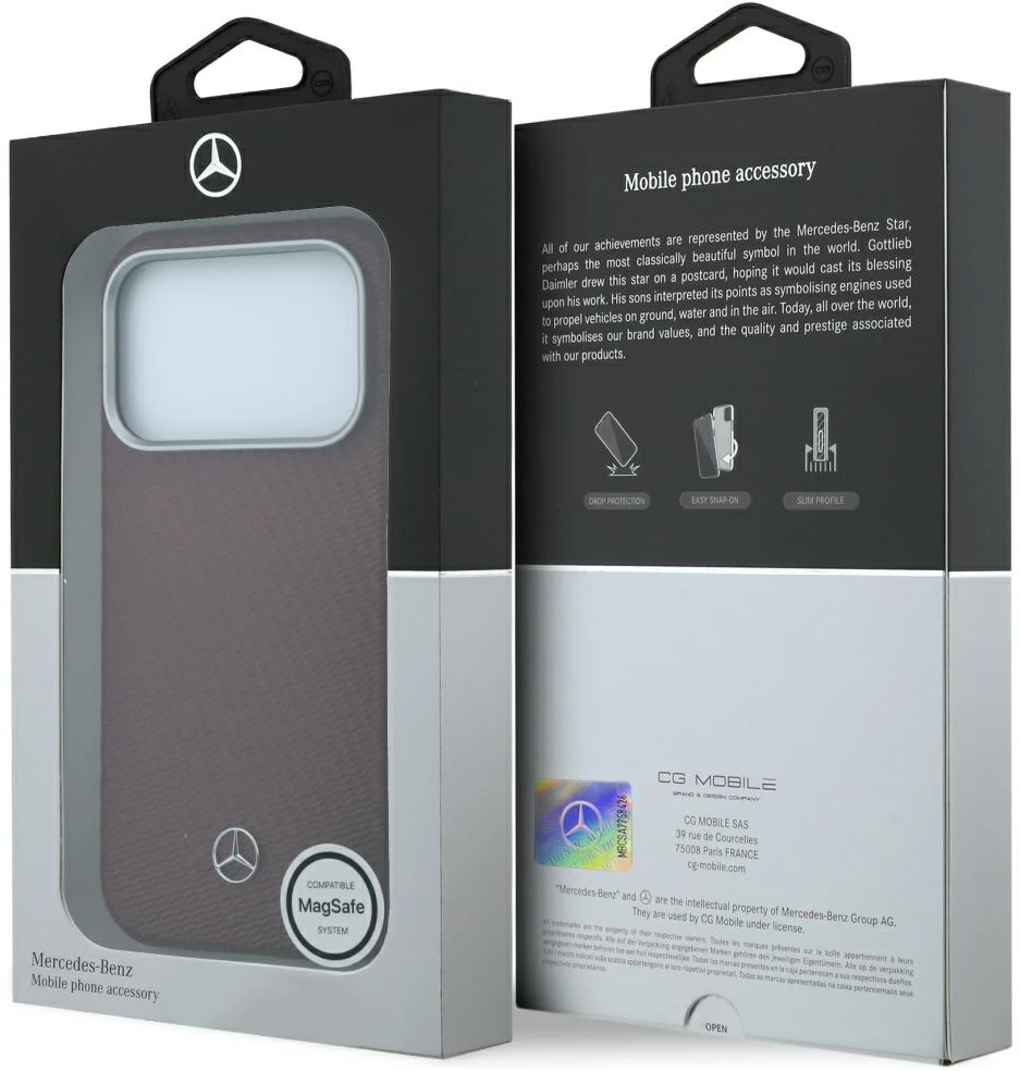 Dėklas Mercedes Leather Semi Wrap Wood Effect MagSafe skirtas iPhone 18 Pro / 17 Pro burgundy