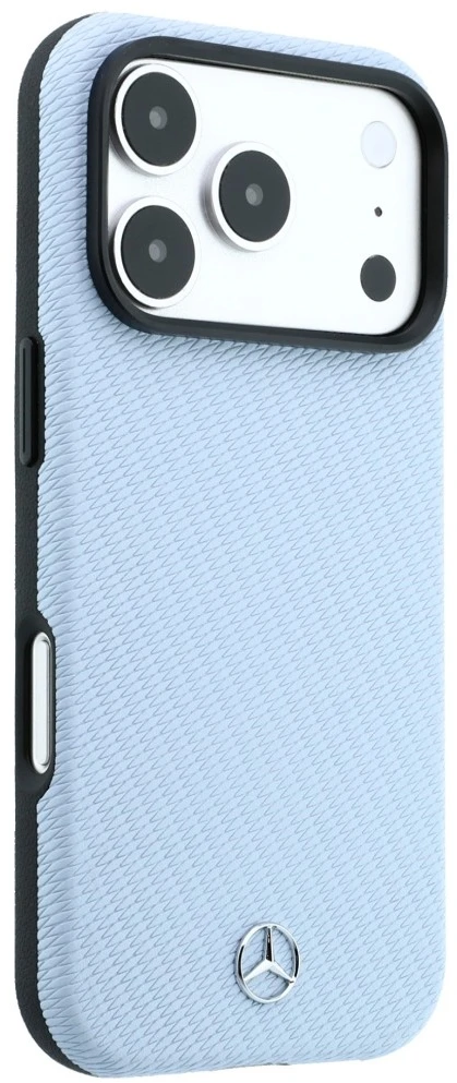 Dėklas Mercedes Leather Semi Wrap Wood Effect MagSafe skirtas iPhone 18 Pro Max / 17 Pro Max mėlynas