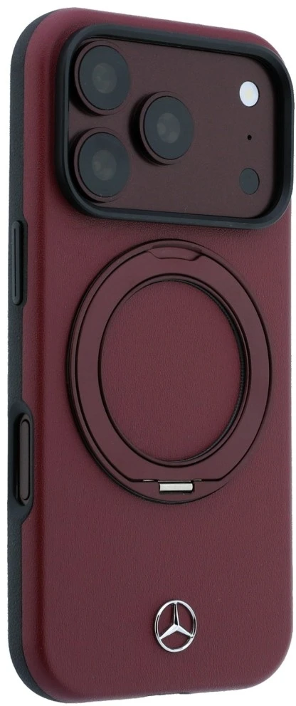 Dėklas Mercedes Leather with Ring Stand MagSafe do iPhone 18 Pro Max / 17 Pro Max bordo spalvos