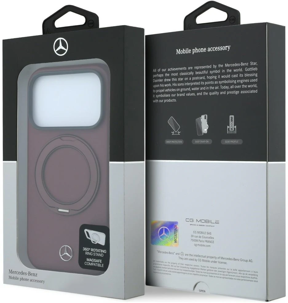Dėklas Mercedes Leather with Ring Stand MagSafe do iPhone 18 Pro Max / 17 Pro Max bordo spalvos