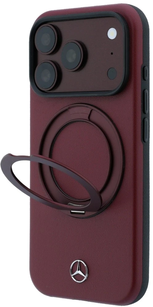 Dėklas Mercedes Leather with Ring Stand MagSafe do iPhone 18 Pro / 17 Pro bordo spalvos