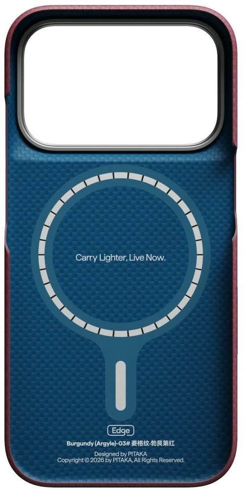 Dėklas PITAKA Edge Case Argyle MagSafe skirtas iPhone 18 Pro / 17 Pro bordo spalvos