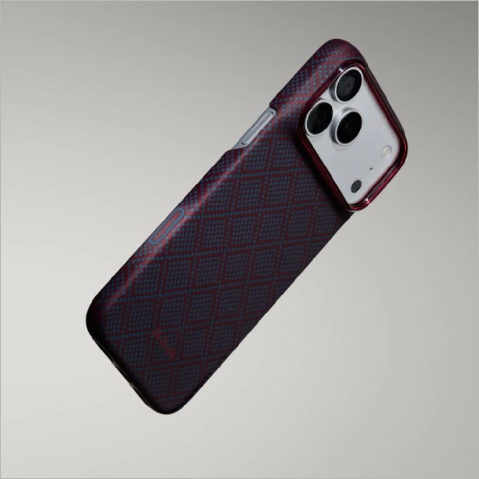 Dėklas PITAKA Edge Argyle MagSafe, skirtas iPhone 18 Pro / 17 Pro, mėlynas-raudonas