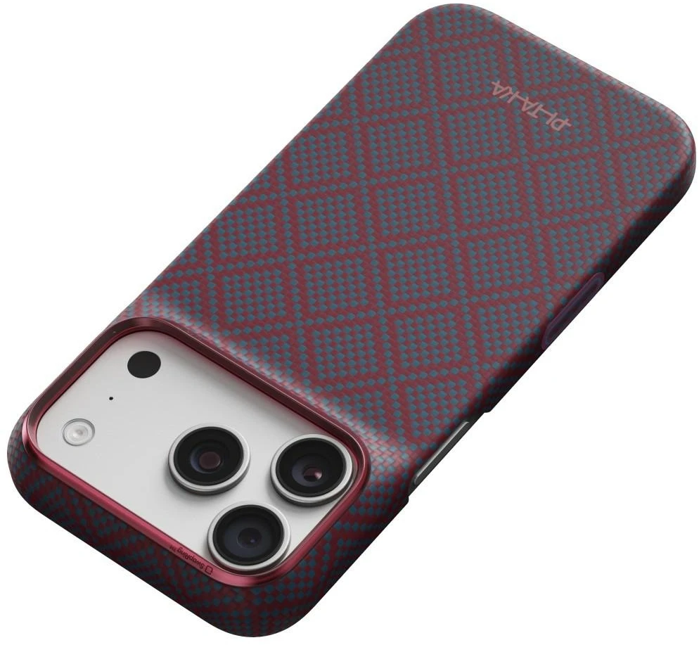 Dėklas PITAKA Edge Argyle MagSafe, skirtas iPhone 18 Pro / 17 Pro, mėlynas-raudonas