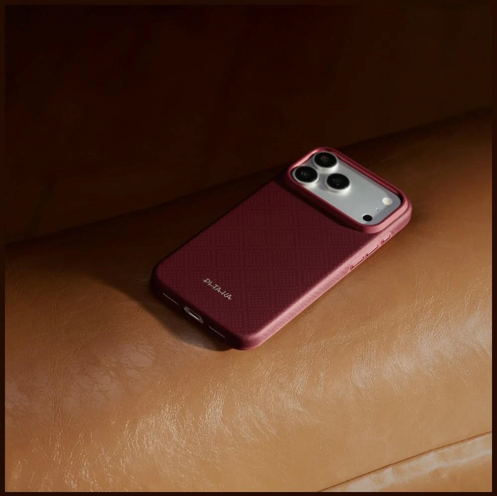 Dėklas PITAKA Summa Case, skirtas iPhone 18 Pro / 17 Pro, bordo spalvos