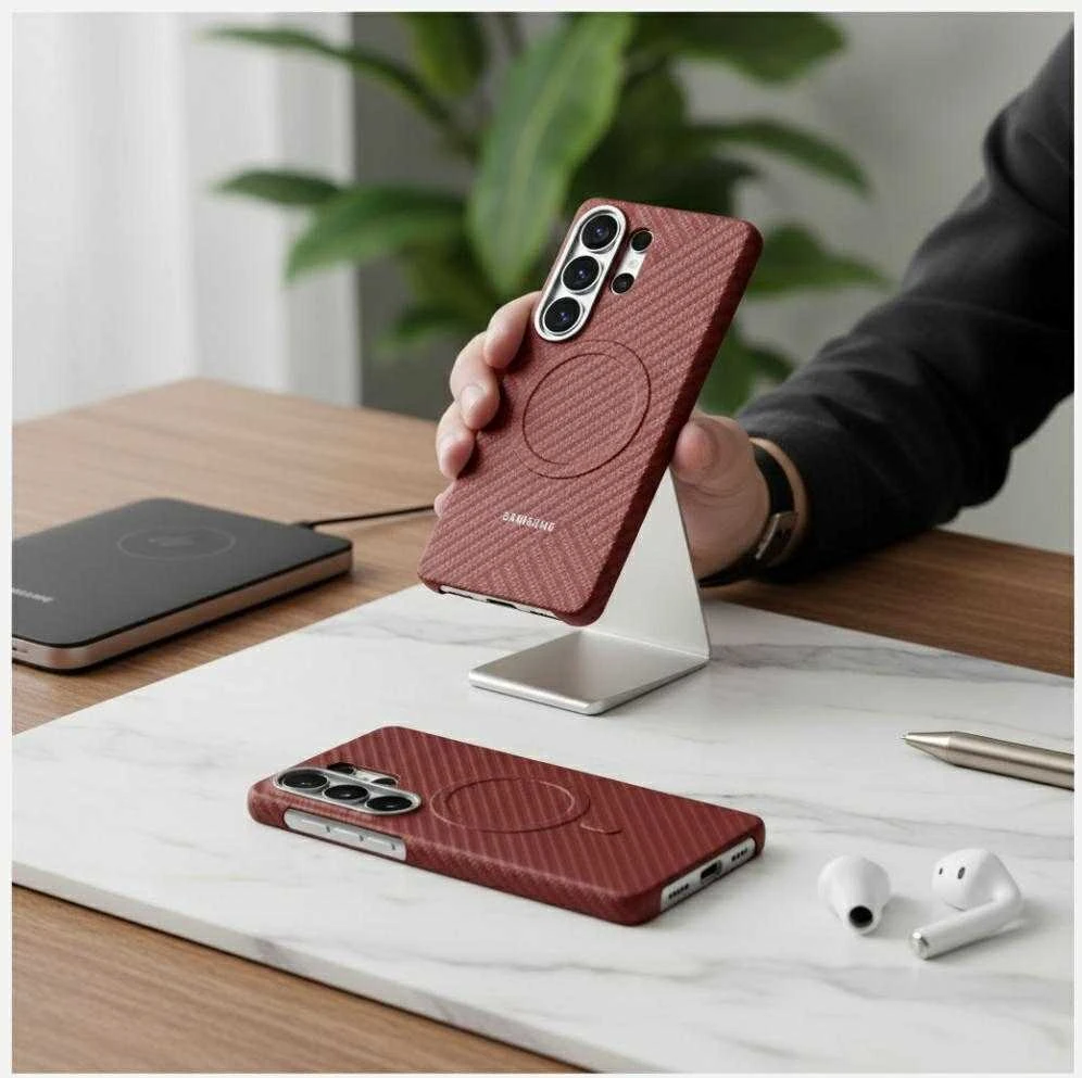 KS948SR anglies pluošto magnetinis dėklas „Samsung Galaxy S26 Ultra“, koralų spalvos, raudonas